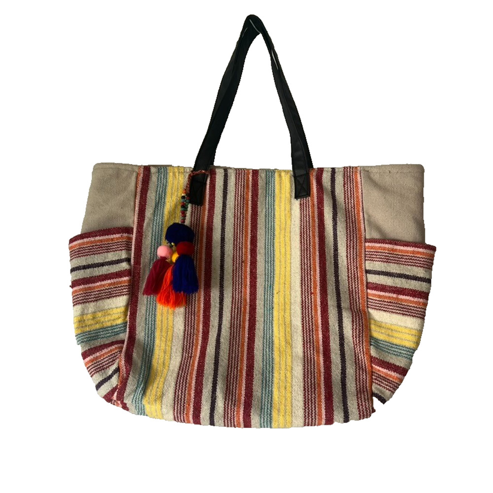 No Boundaries Caroline Multi Striped Boho Woven Cooler Tote Bag with Tassels